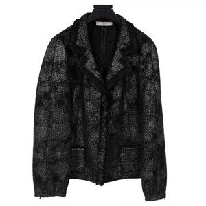 Prada Womens Vintage Blazer Size 46 Black Silver Grey Wool Tweed Jacket Coat